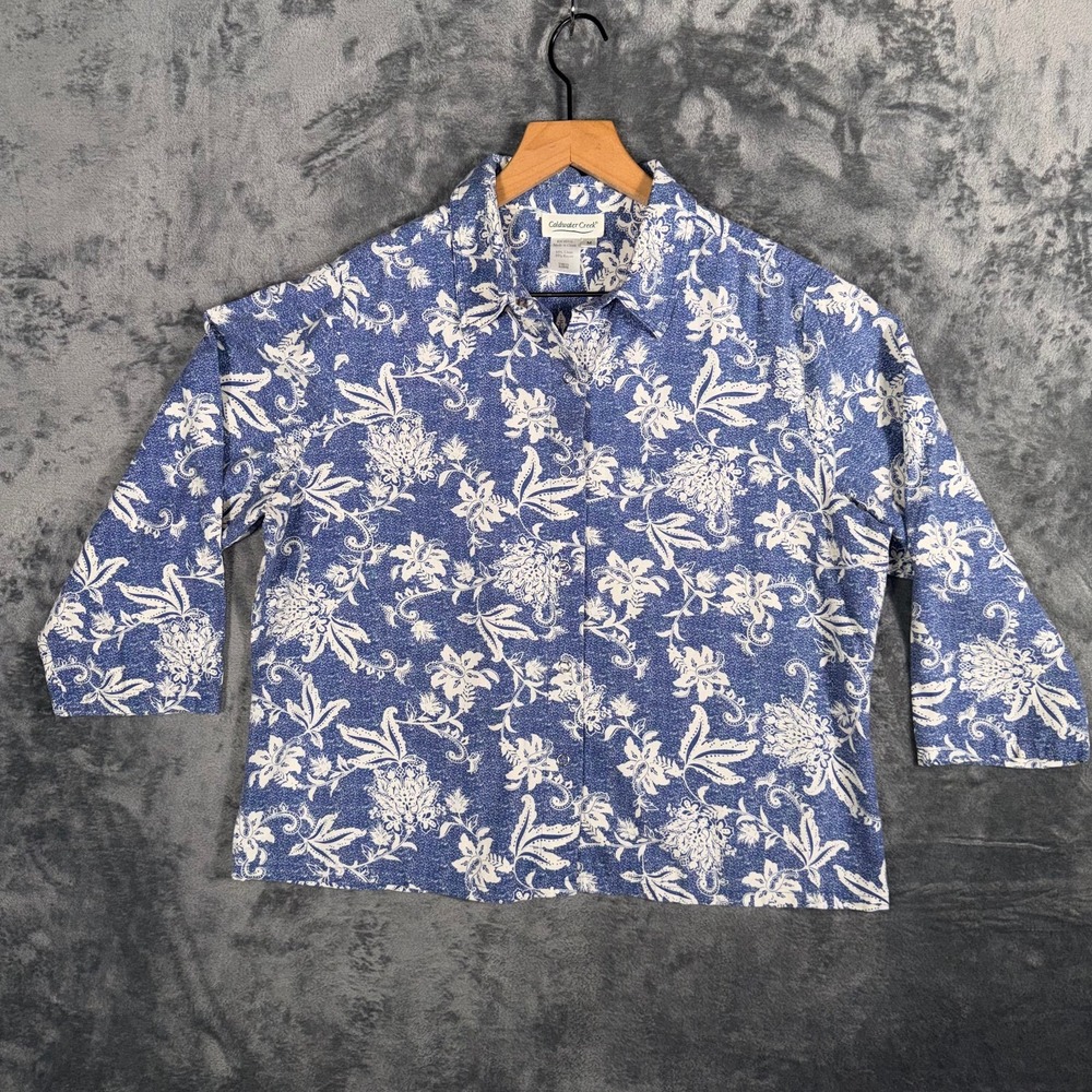 Coldwater Creek Womens 3/4 Sleeve Button Up Shirt Size M Blue Floral Linen Blend